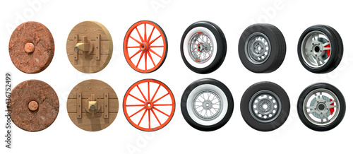 The evolution of the wheel, from a primitive stone disk to a car alloy wheel