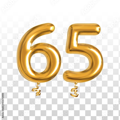 Vector realistic isolated golden balloon number of 65 for invitation decoration on the transparent background.