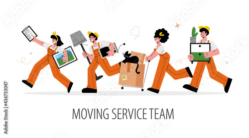 Relocation or moving service.Group of people in help to move quickly.Men and women workers carry boxes and furniture.
