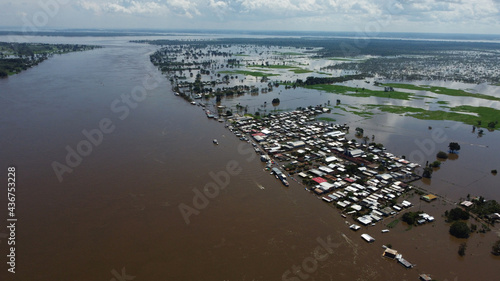 Aerial view of a big flood in Careiro da Varzea, near the city of Manaus, Amazonas state, during the rise of Negro River waters due to heavy rains and La Nina phenomenon in Brazil. photo