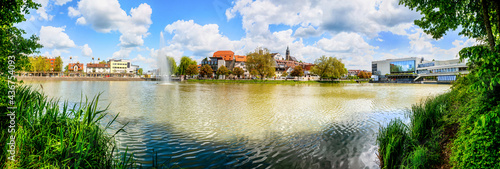 Panorama of the upper lake with view to the city in Böblingen, Germany
