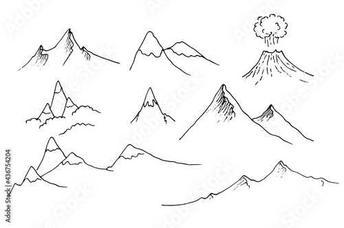 Vector set of isolated contour elements mountain peaks with a volcano are drawn by hand with a black line on a white background. mountain ranges side view simple doodle style drawing for design templa