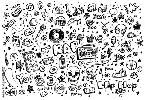 Vector set of street dance and teen music. isolated elements drawn in the doodle style with a black line on a white background for the design template microphone, vinyl record, tape recorder, skateboa