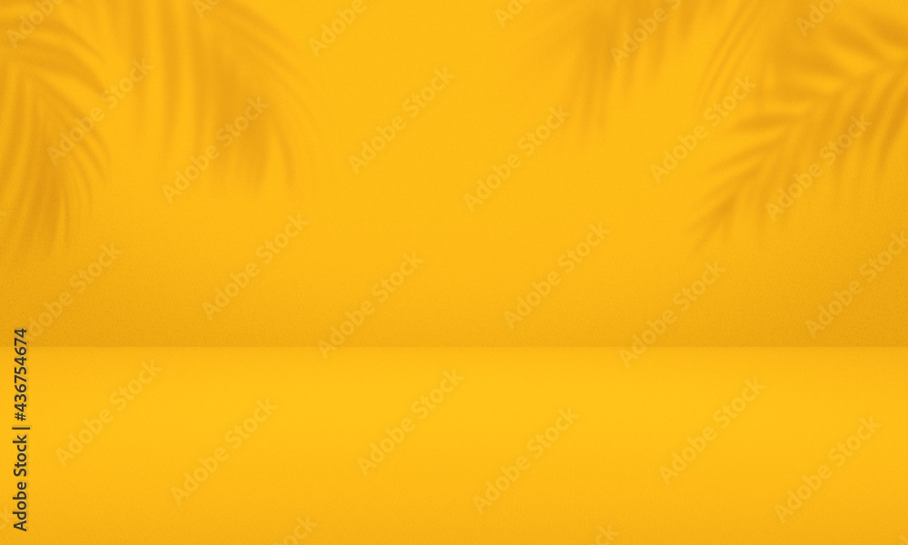 Empty palm shadow yellow color texture pattern cement wall background.