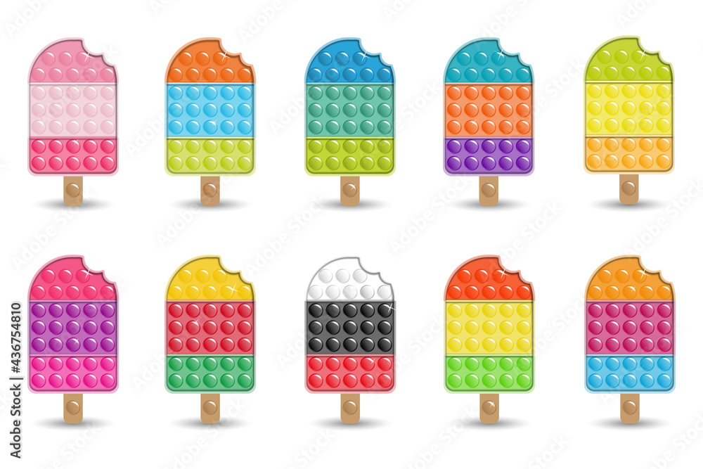 Set of Antistress toys fidget sensory pop it Ice Cream.  Multicolored shiny toys with shadows and flare. - obrazy, fototapety, plakaty 