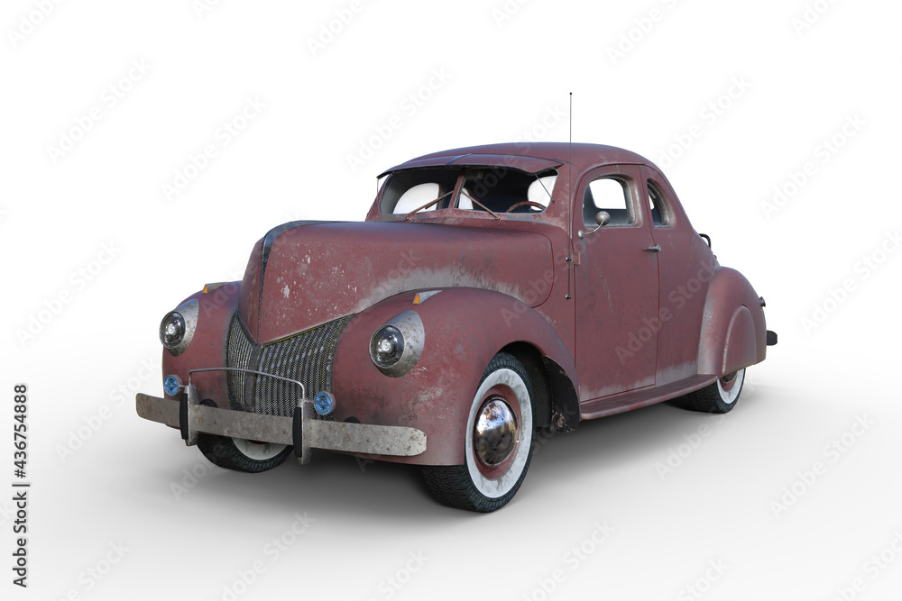 3D illustration of an old rusty grey American vintage car isolated on white.