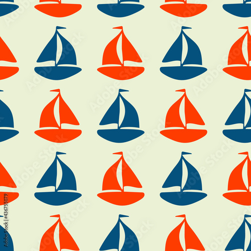 Coastal sail boat drawn seamless pattern. Marine 2 tone yacht ship printed background for interior textiles and modern trendy fashion. Maritime travel all over design vector repeat.
