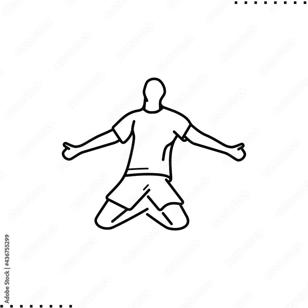 soccer player rejoices at a goal scored, vector icon in outline