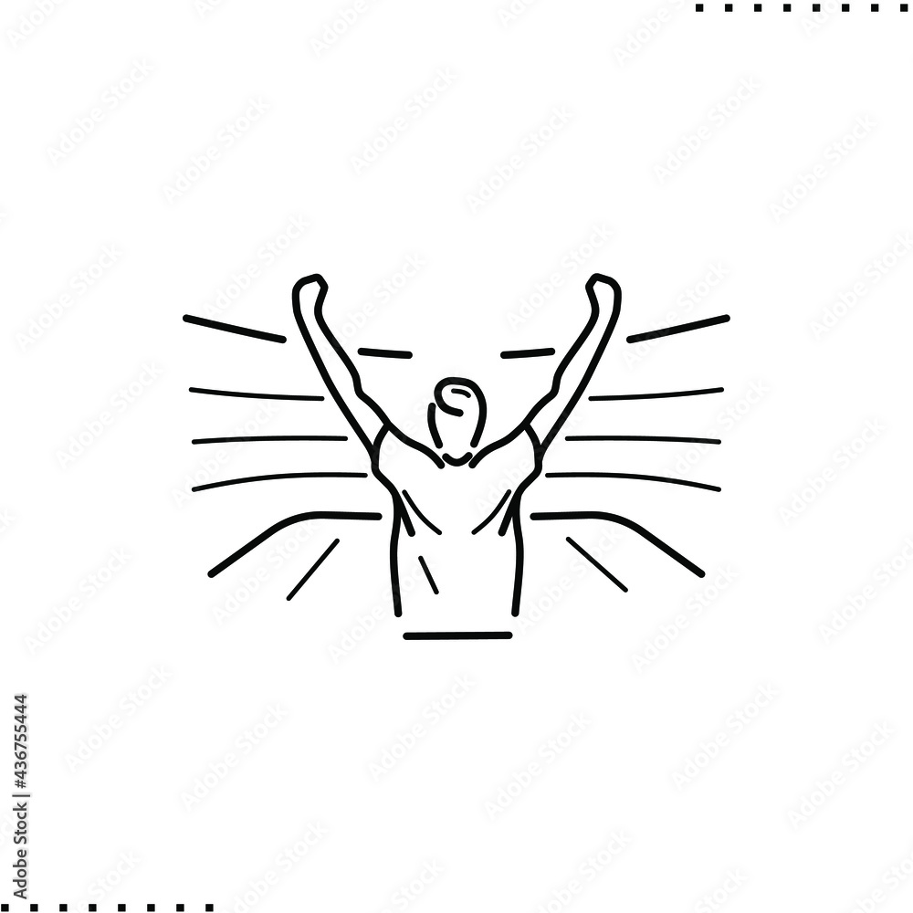 football fan on a stadium, rise up hands man vector icon in outline