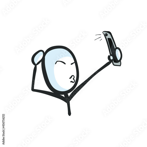 Selfie photo for social media. Vector simple. Phone snap. Stickman no face clipart cartoon. Hand drawn. Doodle sketch, graphic illustration