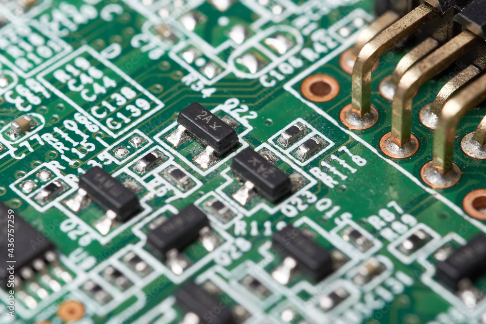 Electronic semiconductor circuit board, close up electrical microchip