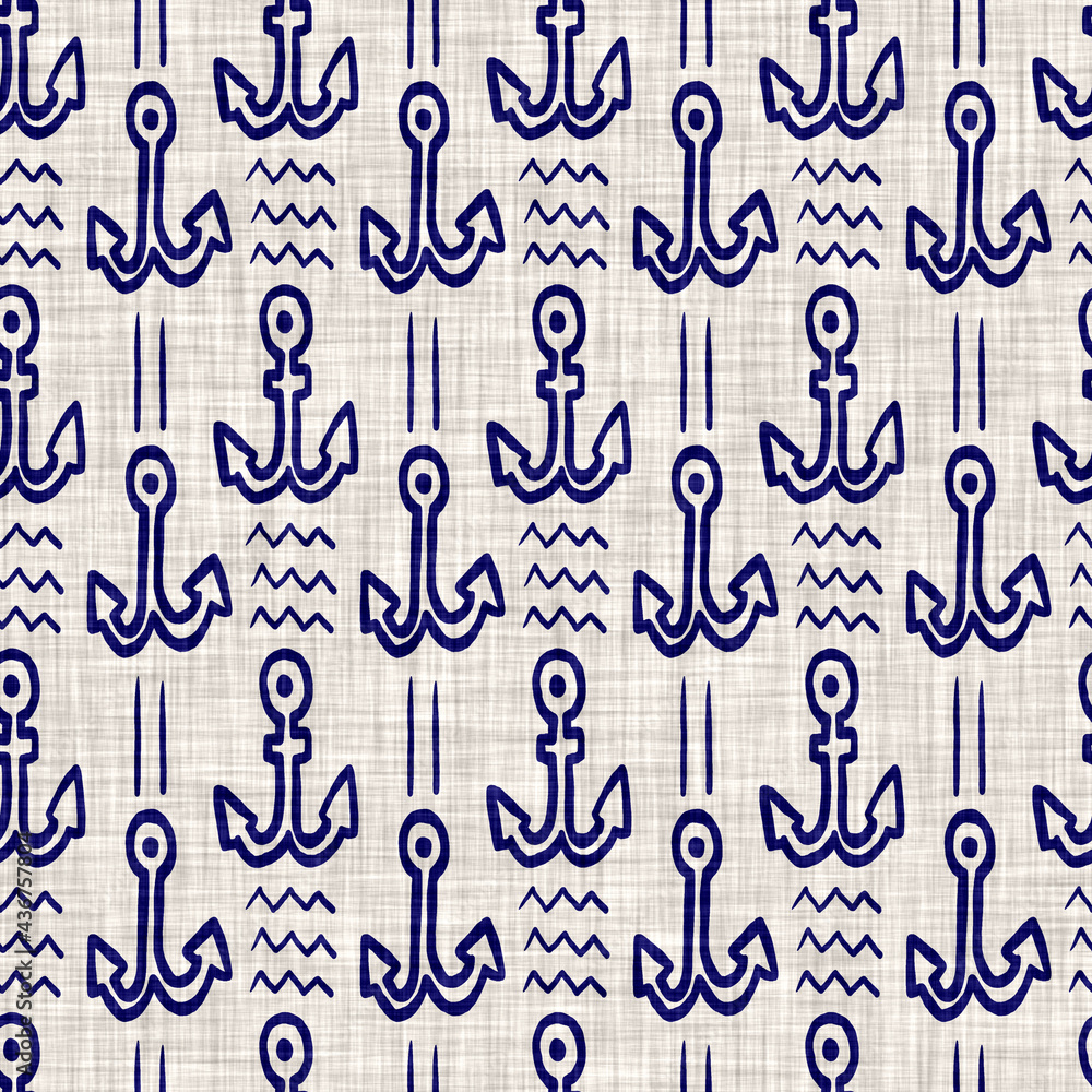 Nautical navy blue anchor on cream linen texture background. Summer coastal living style home decor tile. Maritime wave cloth material. Modern mariner natural textile seamless pattern.
Nautical navy blue anchor on cream linen texture background. Summer coastal living style home decor tile. Maritime wave cloth material. Modern mariner natural textile seamless pattern.