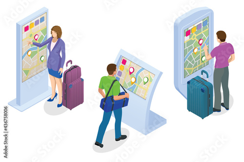 Isometric Promotional Interactive Information Kiosk, Advertising Display, Terminal Stand, Touch Screen Display. Interactive touchscreen with city map
