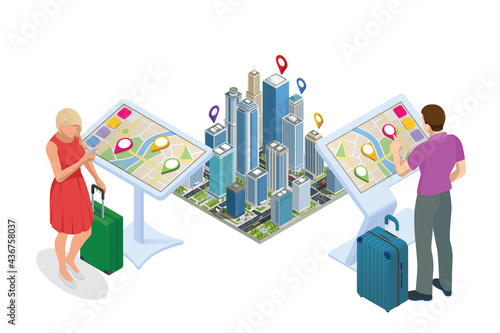 Isometric Promotional Interactive Information Kiosk, Advertising Display, Terminal Stand, Touch Screen Display. Woman use interactive touchscreen with city map