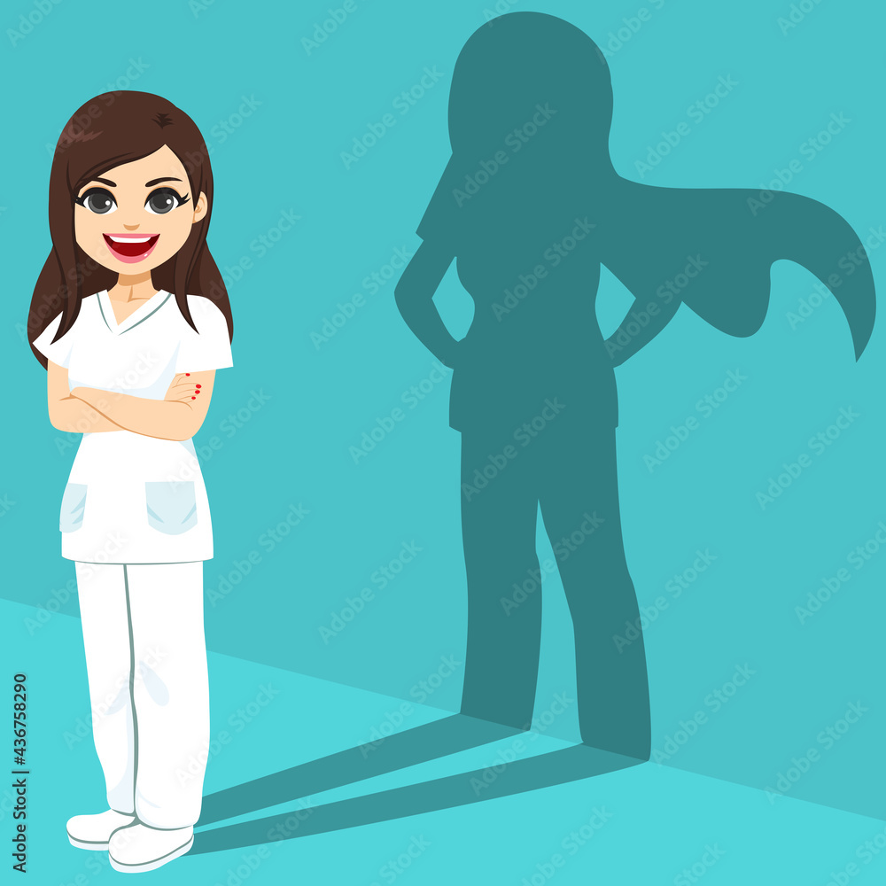 Beautiful and smiling female nurse with hero shadow essential front line worker concept Beautiful and smiling female nurse with hero shadow essential front line worker concept