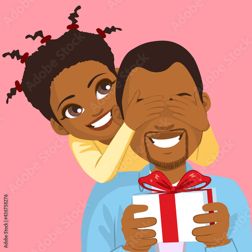 Happy black daughter giving present and congratulating dad on fathers day