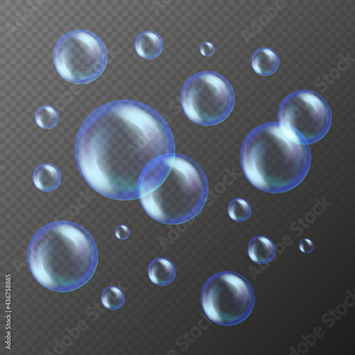 Vector soap bubbles set isolated on black transparent background. Realistic soap bubbles collection with rainbow and glares. Elements for abstract background design. Vector illustration EPS10