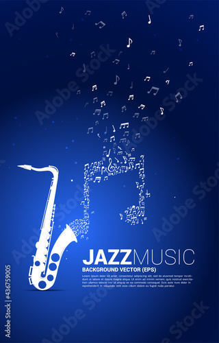 Vector music melody note dancing flow from saxophone . Concept background for jazz song and concert theme.