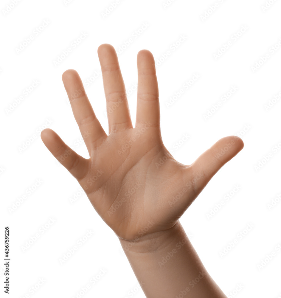 Little child against white background, closeup on hand Little child against white background, closeup on hand