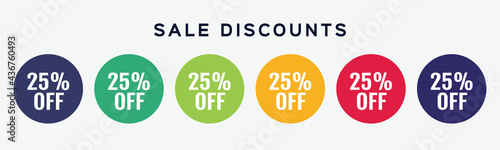 6 circles set with 25 percent symbol, shop icon in various colors. Vector illustration.