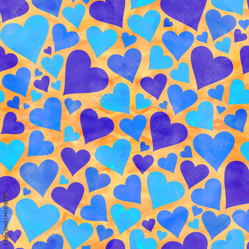 Blue Watercolor Hearts on a Gold Watercolor Background