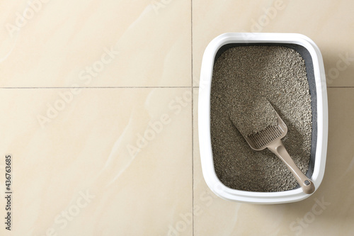 Cat tray with clumping litter and scoop on floor, top view. Space for text