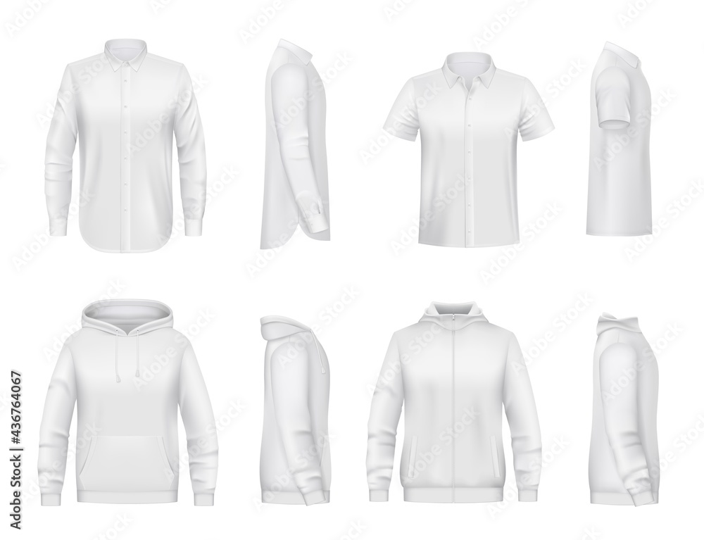 Man clothing, white shirt with long and short sleeves, hoodie realistic vector mockup. Hooded sweatshirt with zipper and pockets, classic cotton or linen shirt. Men casual wear, apparel mock-up Man clothing, white shirt with long and short sleeves, hoodie realistic vector mockup. Hooded sweatshirt with zipper and pockets, classic cotton or linen shirt. Men casual wear, apparel mock-up