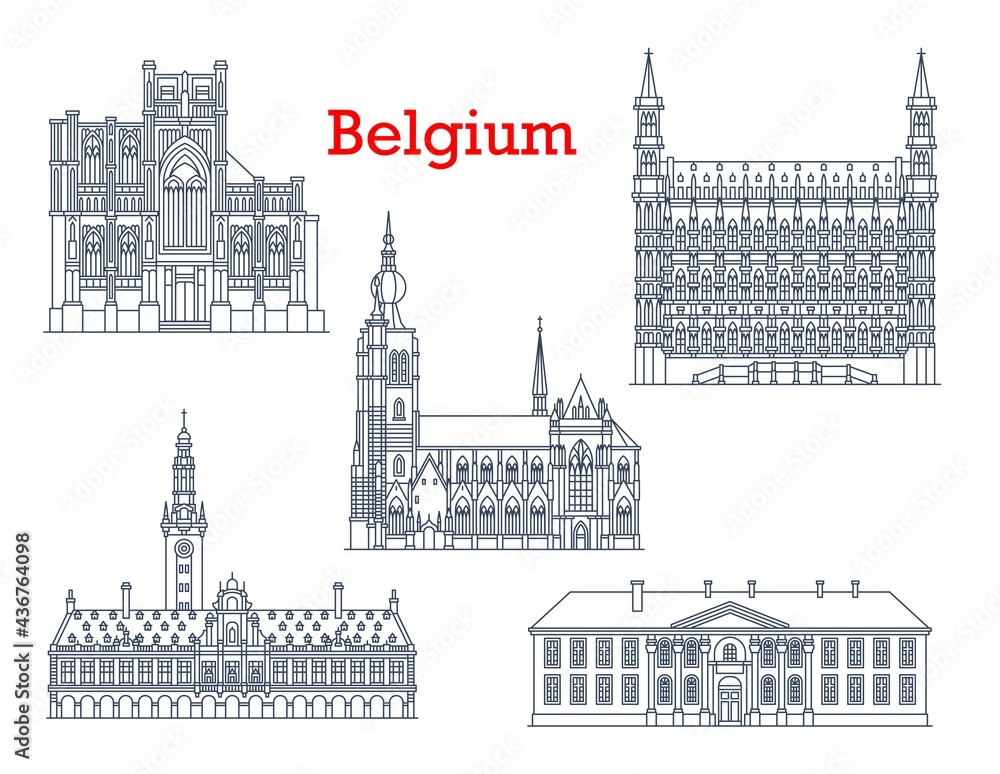 Belgium landmarks, travel architecture and buildings of Leuven and Aarschot vector icons. Belgian famous cathedrals and churches of St Peter or Sint Pieterskerk, university and Pope college