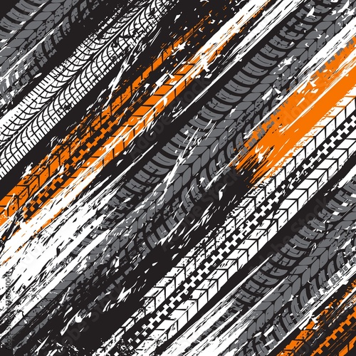 Tire tracks vector background with grunge prints of wheel tyre marks on dirt road. Offroad race or rally sport motorcycle, truck, motor bike or car tire tread pattern, vehicle traces backdrop design