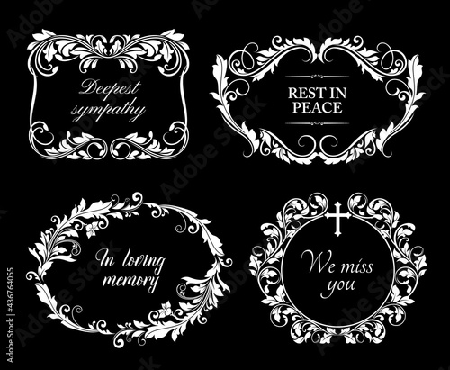 Funeral card frames with floral ornaments, sorrowful condolences and cross. Memorial plague, funerary square and round frames with borders decorated leaves, flowers and curly lines
