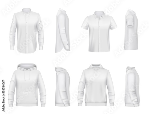 Man clothing, white shirt with long and short sleeves, hoodie realistic vector mockup. Hooded sweatshirt with zipper and pockets, classic cotton or linen shirt. Men casual wear, apparel mock-up