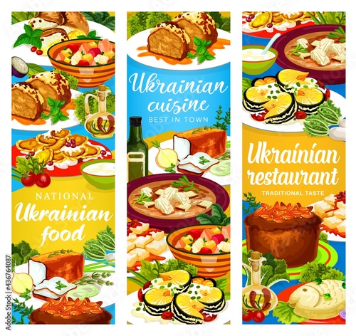 Ukrainian cuisine vector traditional lard with spices, chicken noodle and smazhenina with herring. Kherson yushka, kiev herring or povidlanka. Cherry dumplings, galushki, chicken stabbed Ukraine food