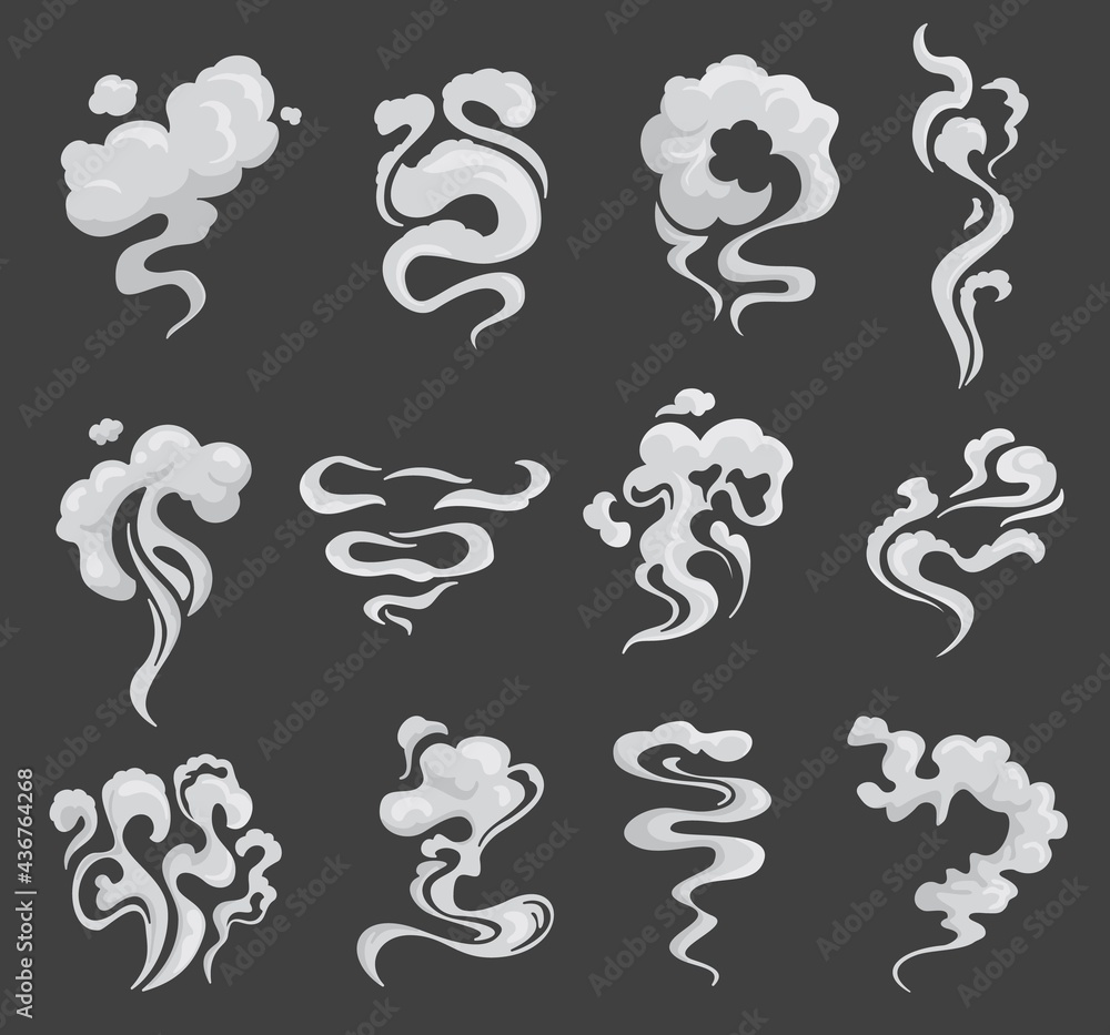 Cartoon smoke flows, steam explosion, smog and smoke clouds, vector icons. Fog smoke, mist steam clouds white smog effect, spooky dust explosion of gas, vapor or smoky toxic air splash Cartoon smoke flows, steam explosion, smog and smoke clouds, vector icons. Fog smoke, mist steam clouds white smog effect, spooky dust explosion of gas, vapor or smoky toxic air splash