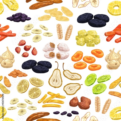 Dried fruits seamless pattern. Cartoon vector dry pineapple slice, raisins and pear, papaya, banana and mango, apple, roseship and figs, prunes, persimmon and melon, ginger, lemon and apricots, kiwi