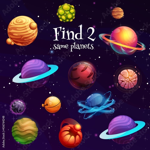 Kids game of find two same space planets. Vector education puzzle or riddle, memory game or maze with search and matching pair of same planets task on cartoon background of fantasy galaxy universe