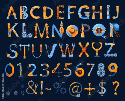 Cartoon mechanics and robots font, vector kids alphabet or type, letters, digits and punctuation marks. Abc uppercase characters made of machine or android cyborg parts, gears and wire