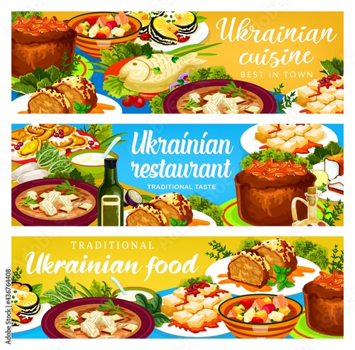 Ukrainian cuisine vector smazhenina with herring, pike in transcarpathian style and povidlanka. Cherry dumplings, traditional lard with spices and galushki, Kherson yushka, kiev herring Ukraine food