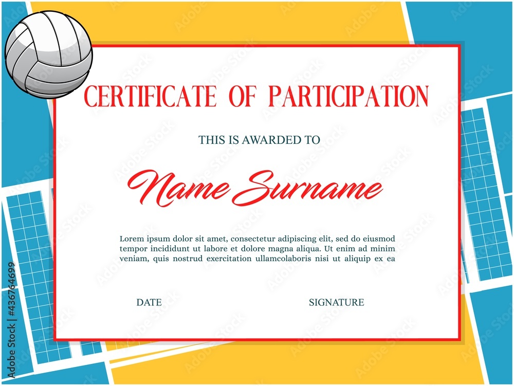 Volleyball certificate, award diploma and sport cup winner appreciation, vector template border