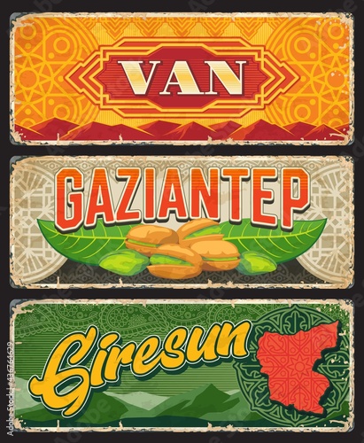 Van, Gaziantep and Giresun Il, Turkey provinces vintage plates or banners. Vector aged travel destination signs. Retro grunge boards, antique worn signboards of touristic Turkish landmarks plaques set photo