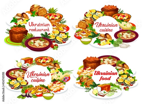 Ukrainian cuisine vector smazhenina with herring, kiev herring and pike in transcarpathian style. Povidlanka, cherry dumplings, traditional lard with spices, galushki and chicken stabbed Ukraine meals