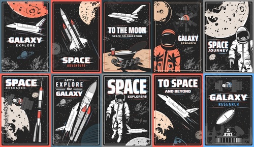 Galaxy and space exploration vector retro posters with glitch effect. Rocket and shuttle in outer space, rover on Moon or Mars surface, astronaut or spaceman and planets, moon and asteroid