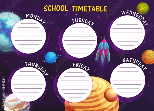 School timetable with cartoon space planets vector background frame. Children education schedule of student lessons, chart, time table or weekly study planner with spaceship flying through space