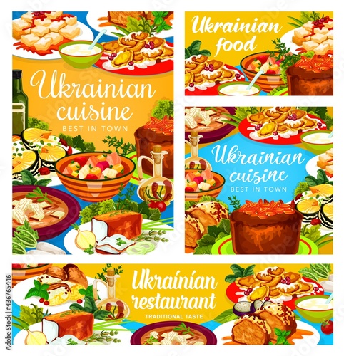 Ukrainian cuisine vector galushki, chicken stabbed and noodle, smazhenina with herring, Kherson yushka or pike in transcarpathian style. Cherry dumplings and traditional lard with spices Ukraine food