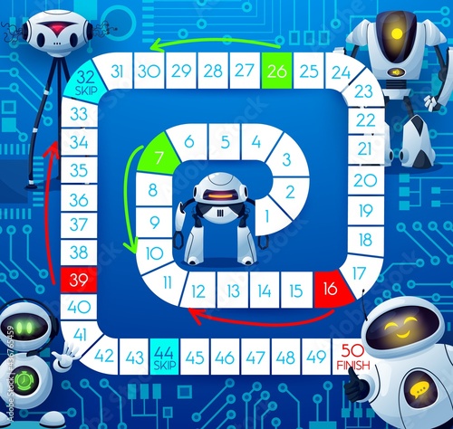 Boardgame with robots and motherboard, kids tabletop game, vector template. Kids cartoon track move boardgame for dice with android robots and bots on computer motherboard