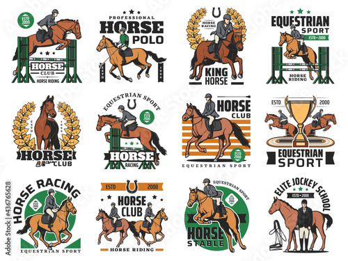 Equestrian sports, horse racing icons. Jokey riding stallion horse, jumping over obstacle, winner cup and horseshoe. Equestrian event, show jumping and jockey school, horse polo sport club emblems
