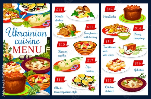 Ukrainian cuisine vector menu, chicken noodle, smazhenina with herring, Kherson yushka, kiev herring. Pike in transcarpathian style, povidlanka, traditional lard with spices or galushki, Ukraine food