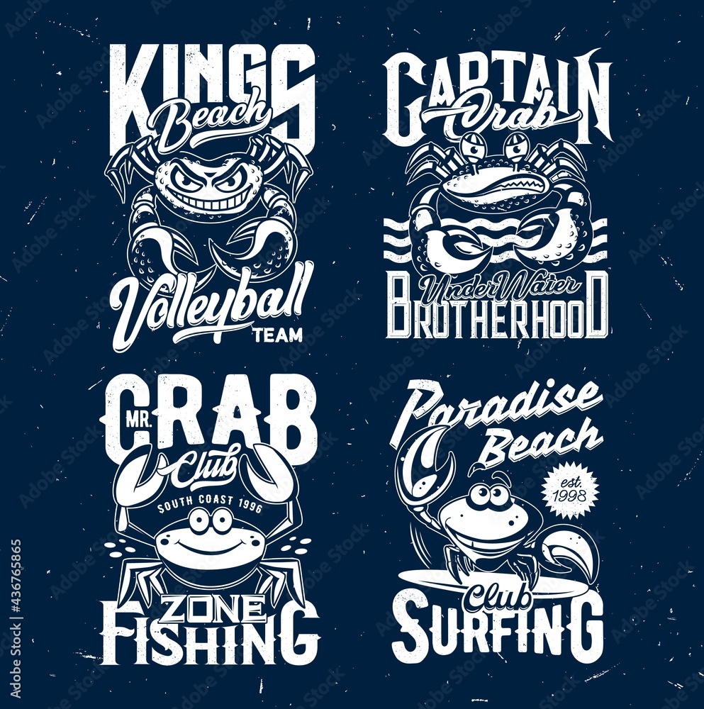 Fototapeta premium Crab t-shirt print vector mockups with cartoon crabs, funny sea food crustacean animals, ocean waves and surfing board. Custom apparel grunge badge templates of seafood restaurant, fishing sport club