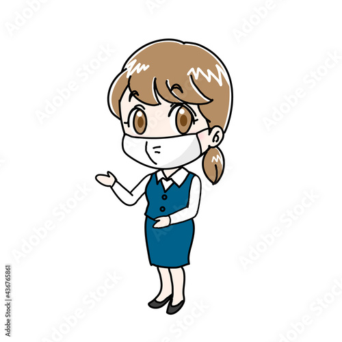 立っているマスク姿の事務員女性イラスト（感染予防）
