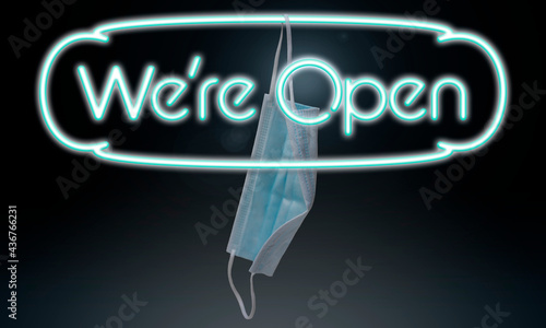 We're Open neon sign with hanging covid virus mask photo