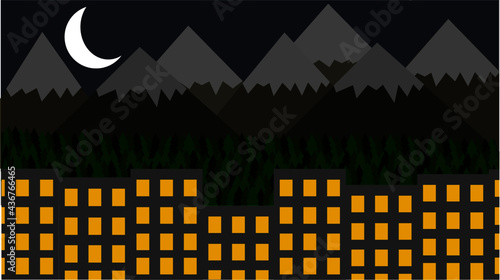 Flat landscape illustration inspired by Vancouver,set at night of a city very close to wilderness, the city in the foreground, then forest followed by snowy mountains and a half moon.  
